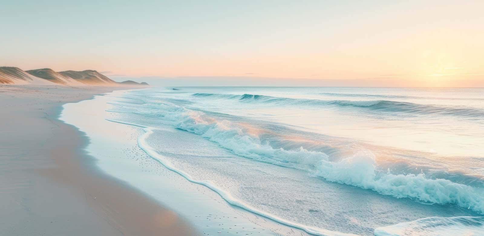 Peaceful beach shoreline at sunset